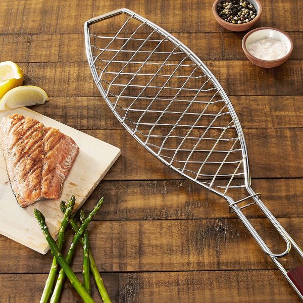 Fish Grill Basket With Rosewood Handle | Outset Grillware and Barware Fish Grill Basket With Rosewood Handle | Outset Grillware and Barware